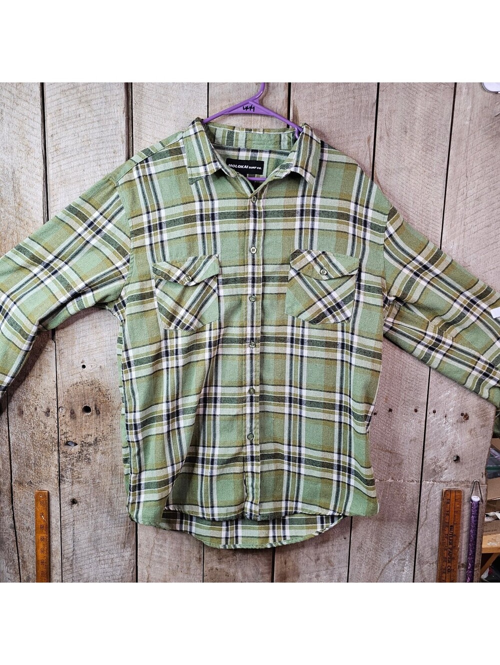 Molokai Surf Co. Men's L Green Plaid Flannel Casual Button Down Shirt Long